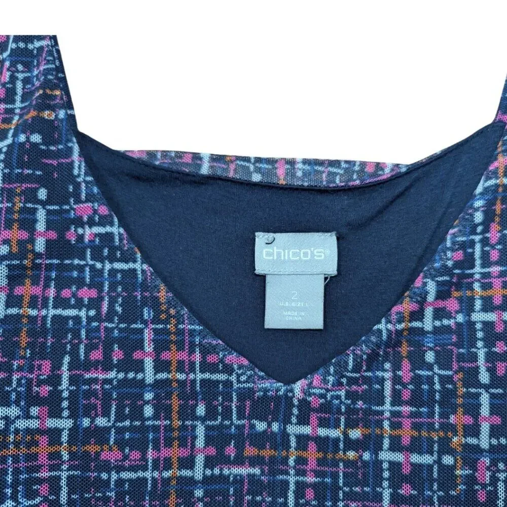 Chico's 2 (Large) Sleeveless Lined Navy Blue V-Neck Geometric Pattern Top